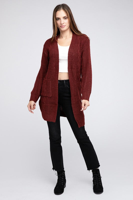 Twist Knitted Open Front Cardigan With Pockets